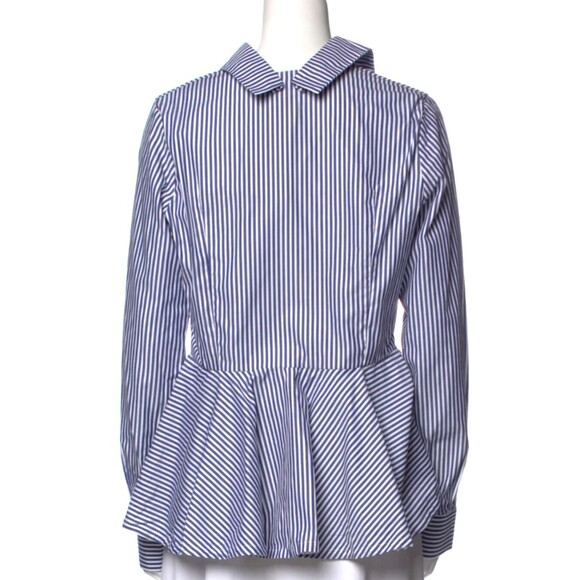 DESIGNER OVELIA TRANSTOTO BLUE/WHITE STRIPED COLLAR BUTTOM-UP LONG SLEEVE BLOUSE - Picture 1 of 9